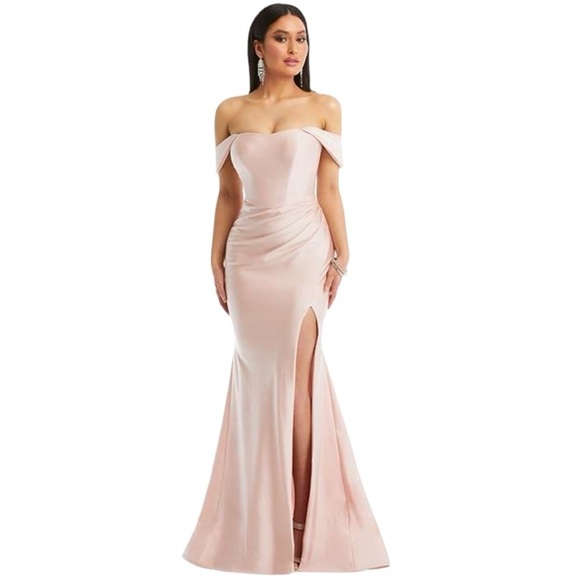 Cynthia & Sahar CS101 Off Shoulder Corset Stretch Satin Mermaid Toasted Sugar - Picture 1 of 16